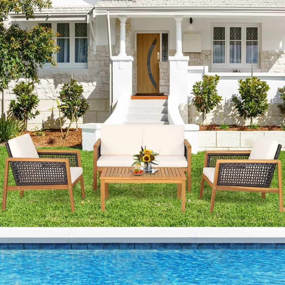 Outdoor Acacia Wood Furniture Set With PE Rattan