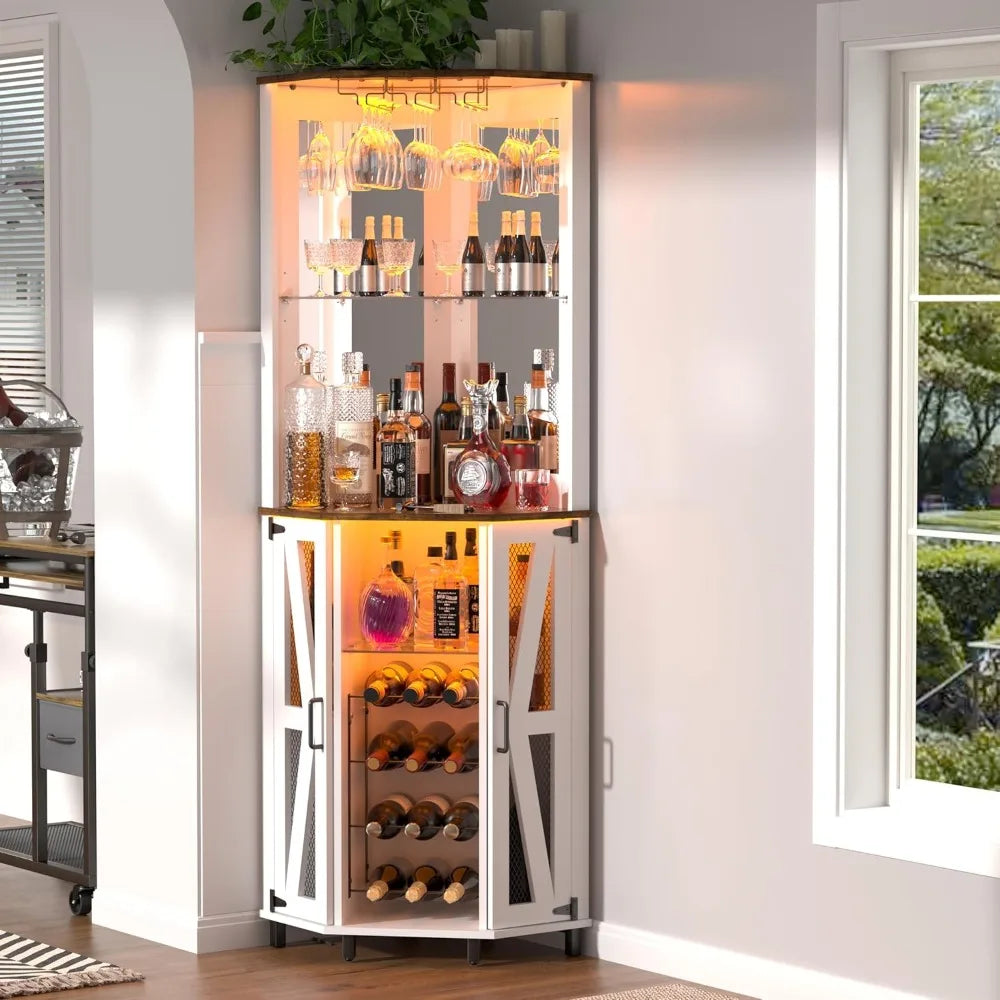 MOYU Farmhouse Corner Bar Cabinet With LED Lighting And Mirror