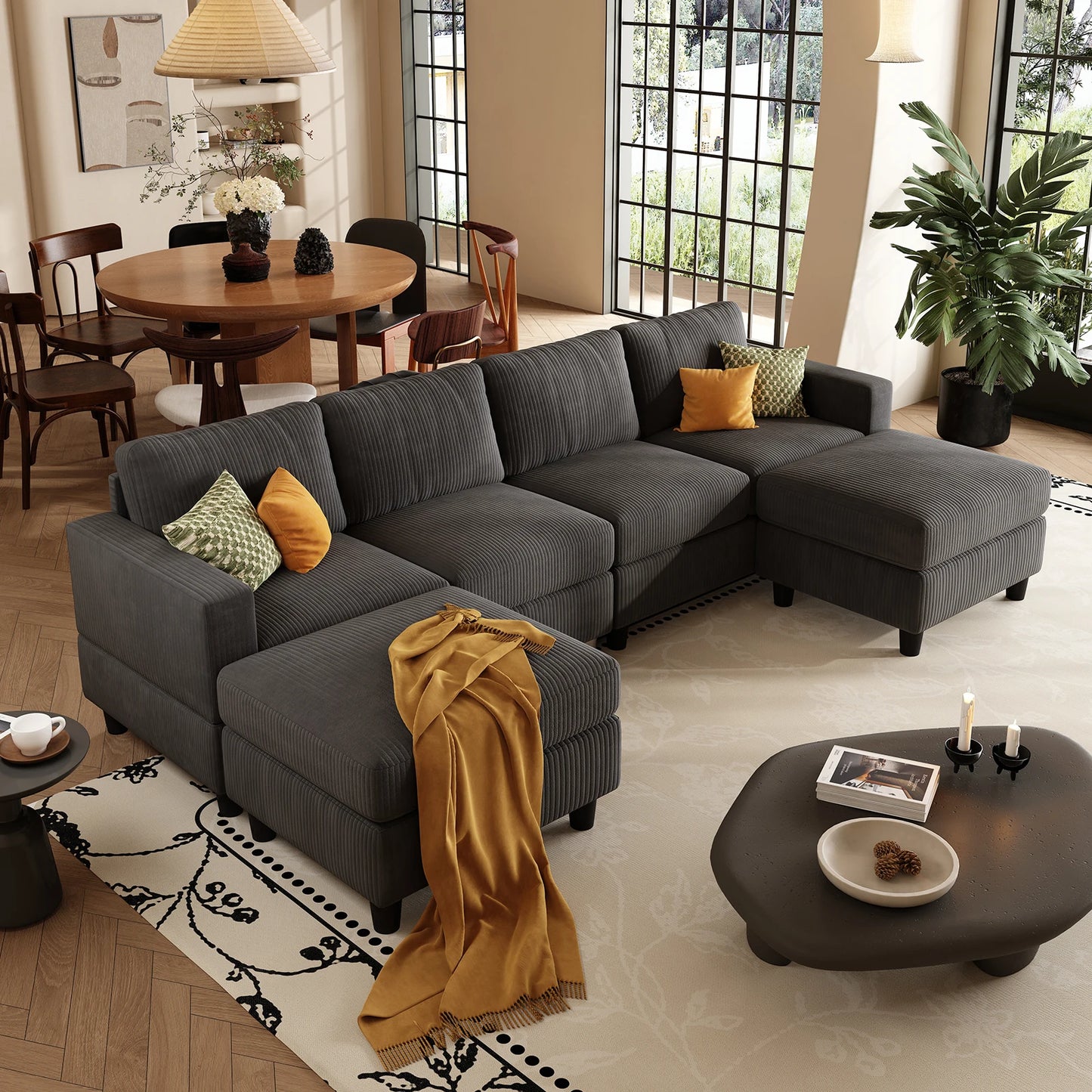 101 Inch Green Corduroy Sectional Sofa, U Shaped Sectional Sofa with 2Ottomans, 6 Seater Convertible Corduroy Sofa, Comfortable