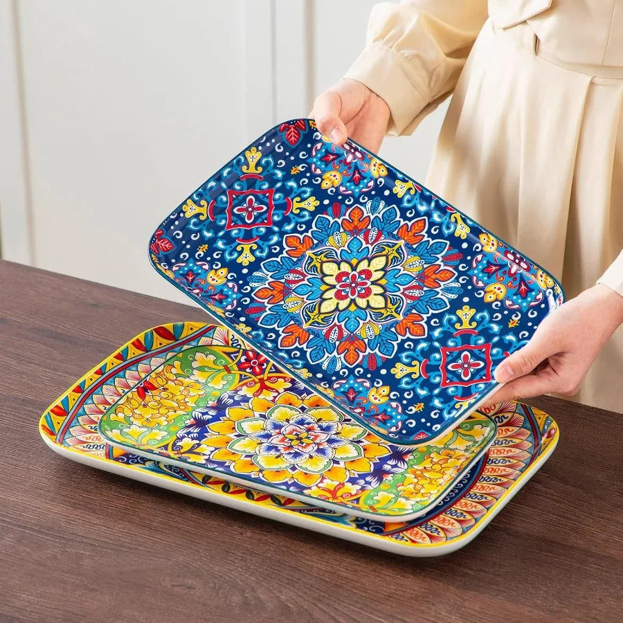 Ceramic Bohemian Serving Platters Set Of 3 Trays Collection