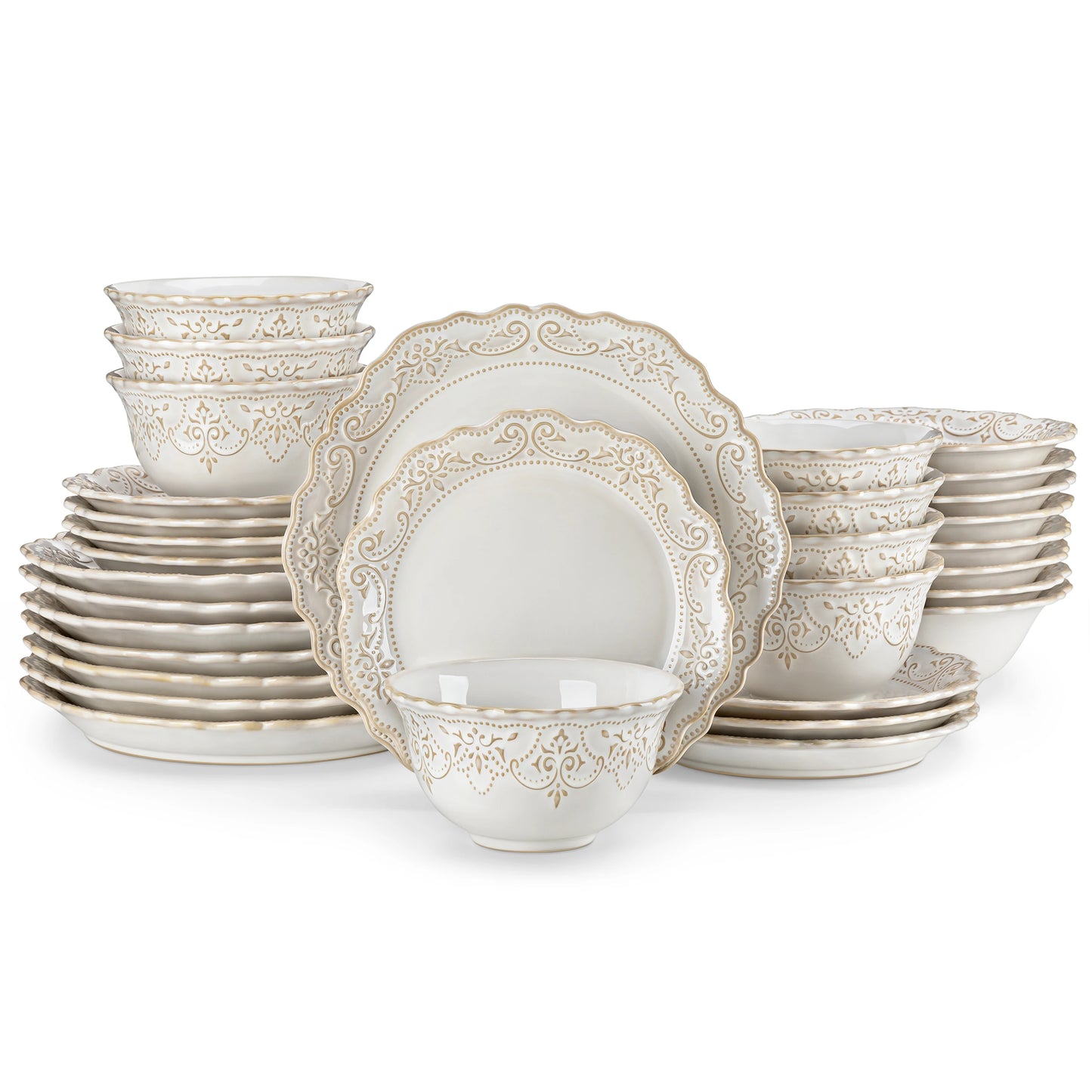 MALACASA White Stoneware Dinner Set Relief Pattern For Four