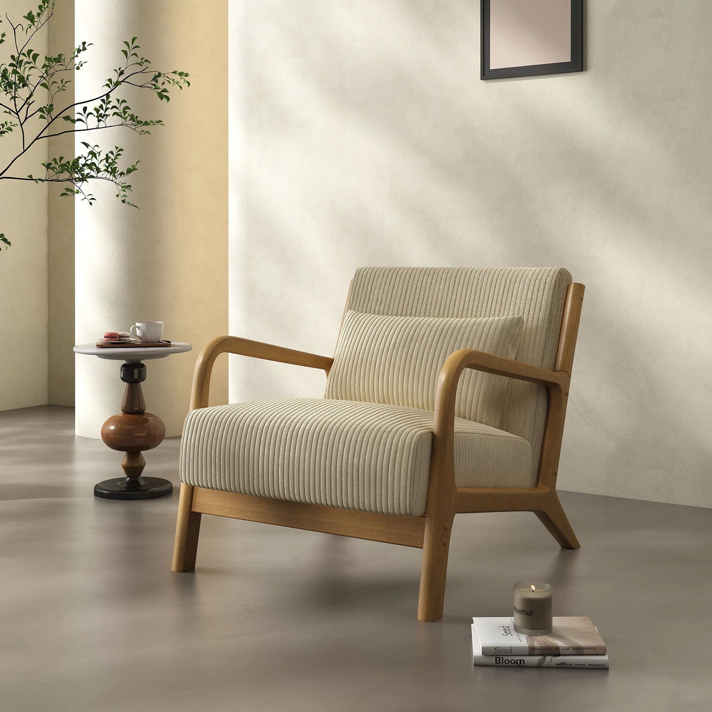 QWC Mid Century Modern Accent Chair With Fabric Wood Frame