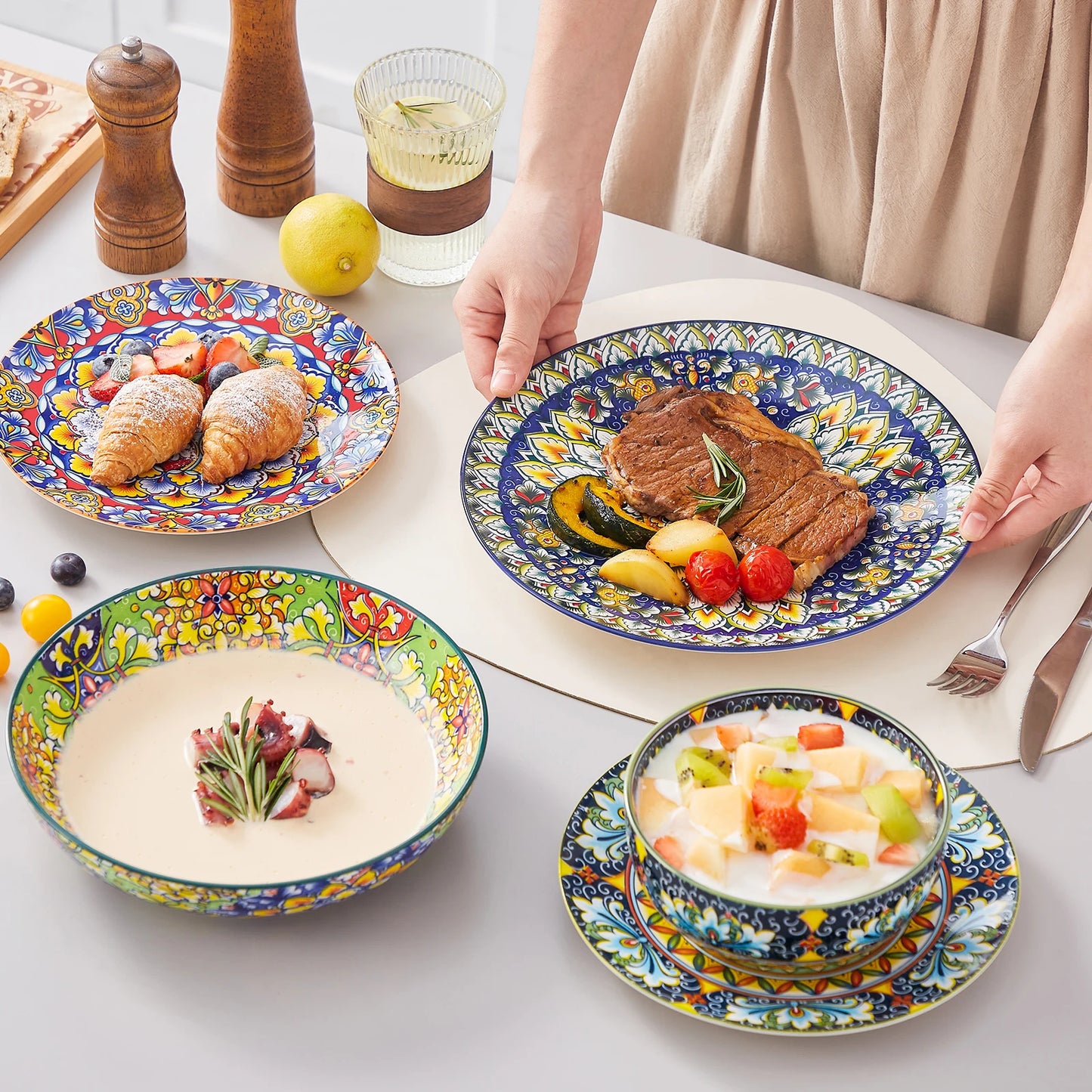 MALACASA Bohemian Style 24 Piece Porcelain Dinnerware Set