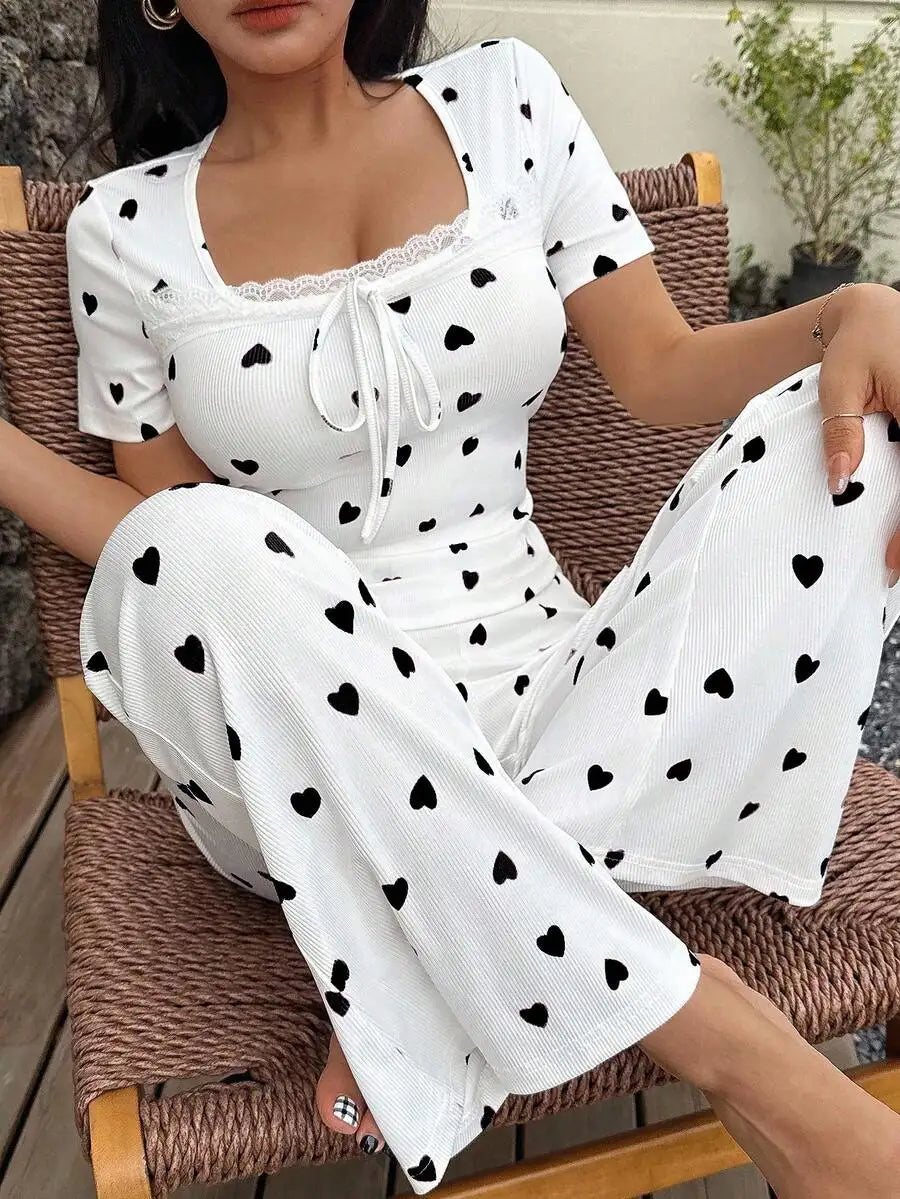 Heart Print Square Neck Ribbed Top And Flare Pants Set