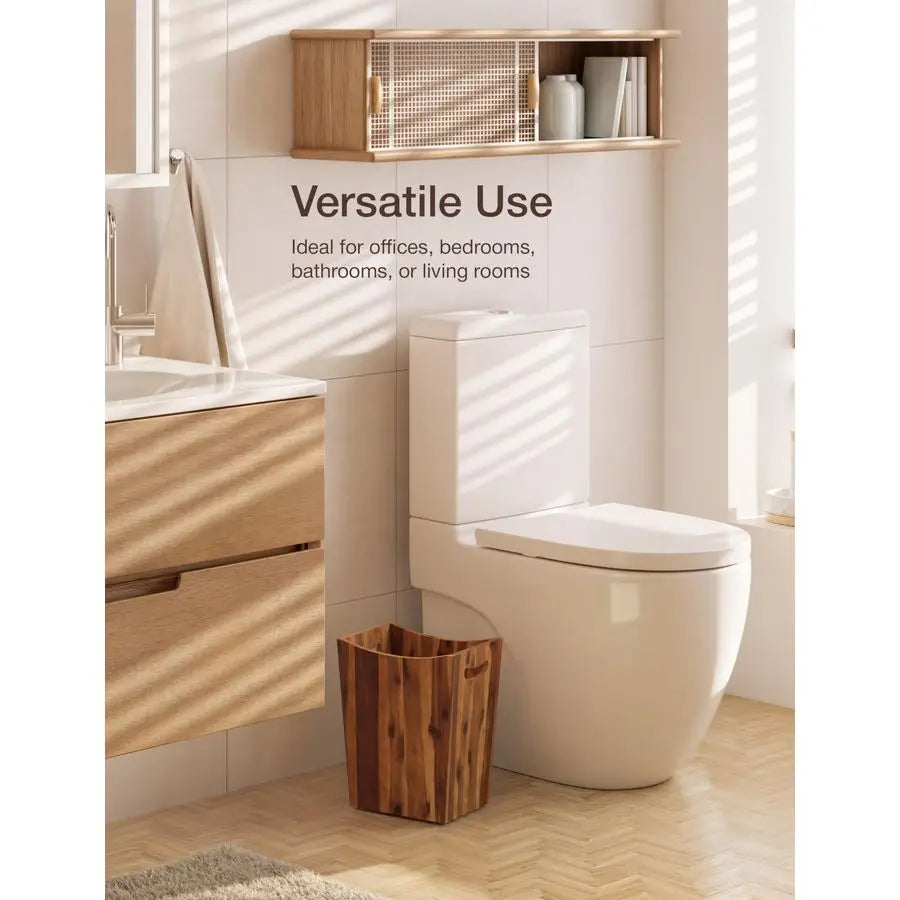 2 Gallons Rectangular Wastebaskets Acacia Wood Waste Basket with Handles Small Trash Can for Bathroom Brown Garbage Bin for Spa