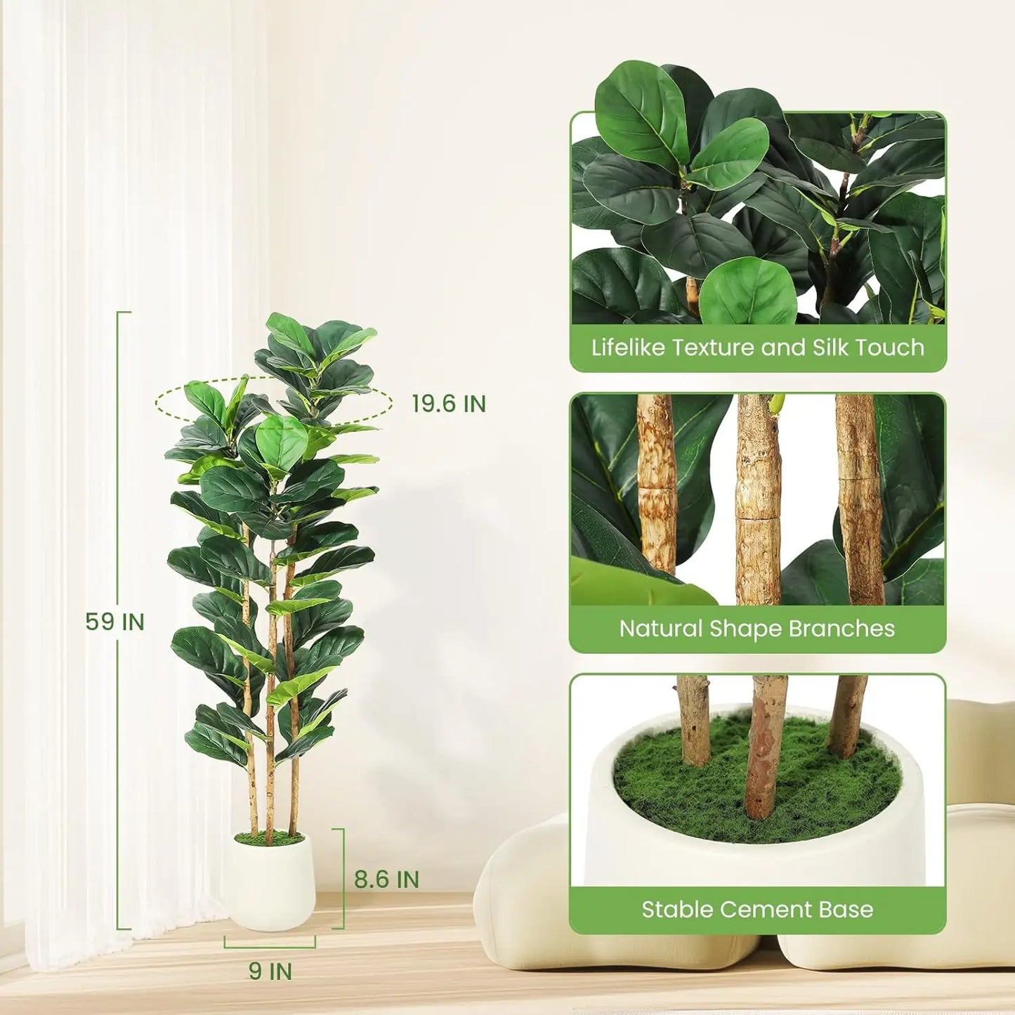 HiMISS Artificial Fiddle Leaf Fig Tree With Pot Indoor Greenery