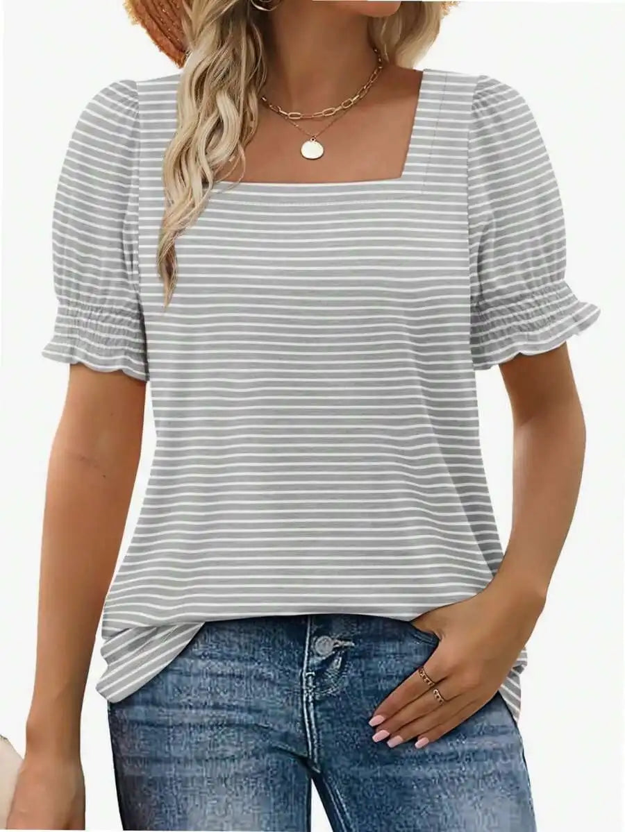 Womens Square Neck Short Sleeve Cotton T Shirt Ruffle Sleeves