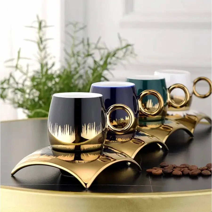 Elegant Marble Ceramic Coffee Cup Set With Saucers And Tray