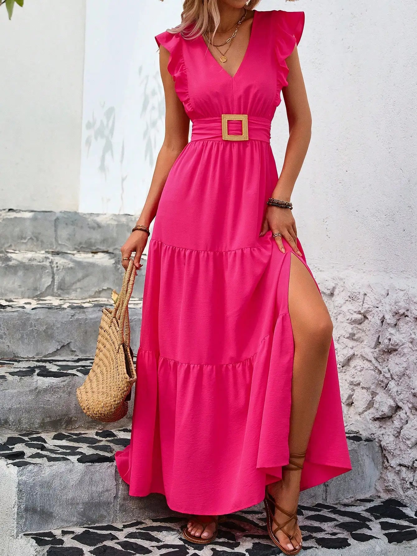 Ruffle Trim Maxi Dress With High Slit Summer Vacation Women