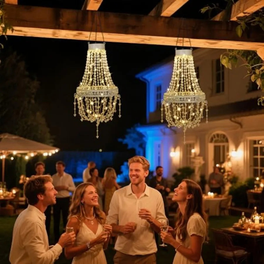 Hanging Solar Lantern Outdoor Chandelier Waterproof Crystal Pendant LED