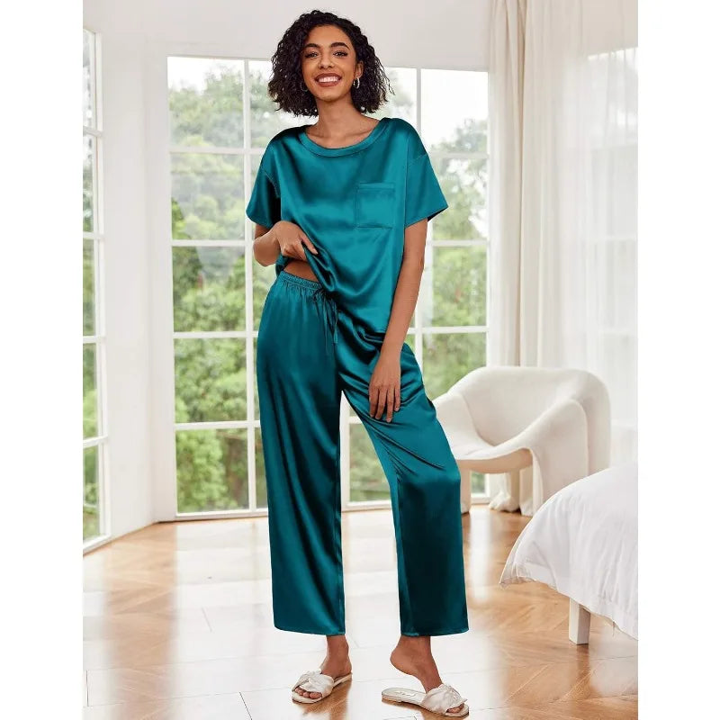 Women's Satin Pajama Set Silky Comfort Sleepwear Soft Loungewear