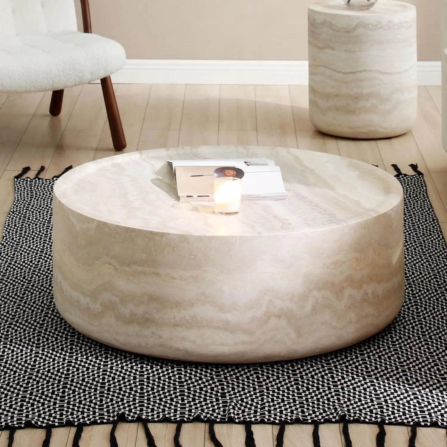 Faux Marble Round Coffee Table With Modern Fiberglass Drum Center