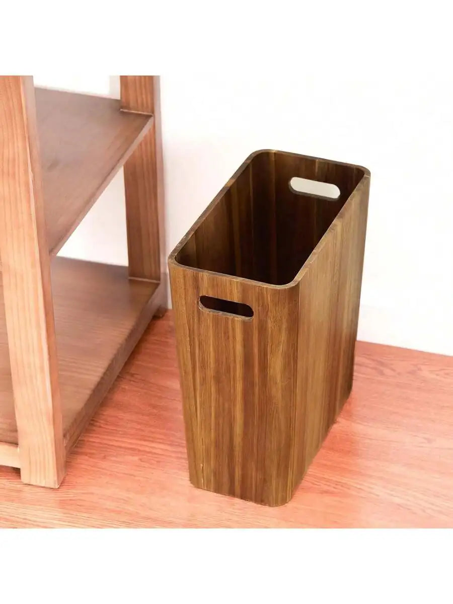 Solid Acacia Wood Wastebasket Rectangular Trash Can With Handles