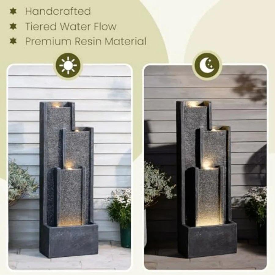 Outdoor Water Fountain With Lights Cascading Waterfall Resin Garden Patio