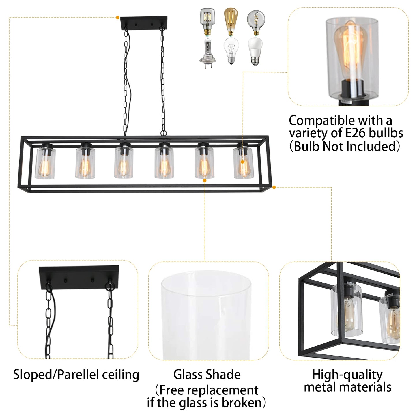 6 Light Cage Chandeliers with Glass Shade Rectangle Black Dining Room Lighting Fixtures Kitchen Island Hanging Pendant Lamps