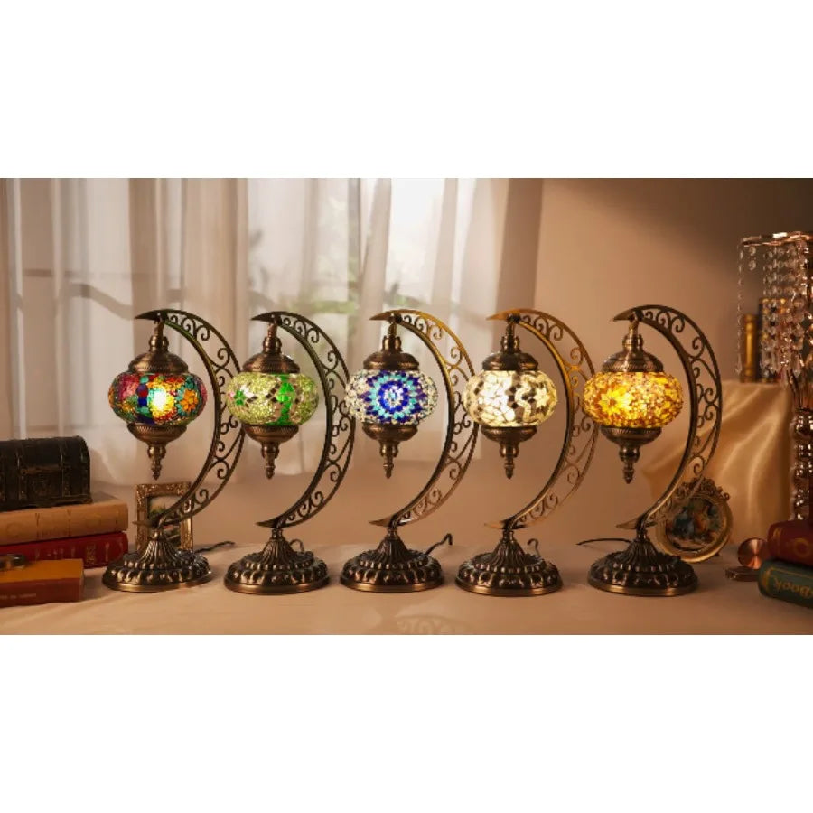 Turkish Mosaic Moon Lamp With Stained Glass Crescent Base