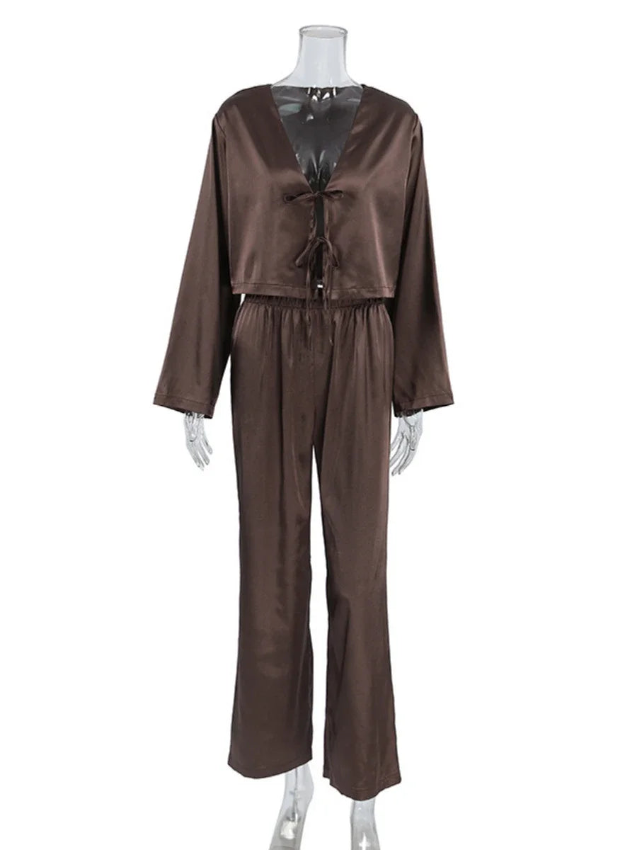 Blubelle Simulation Silk Cardigan Tie Pajamas Two-piece Set Loose Long sleeved Pants Casual Home Clothing Women's Nightgow Set