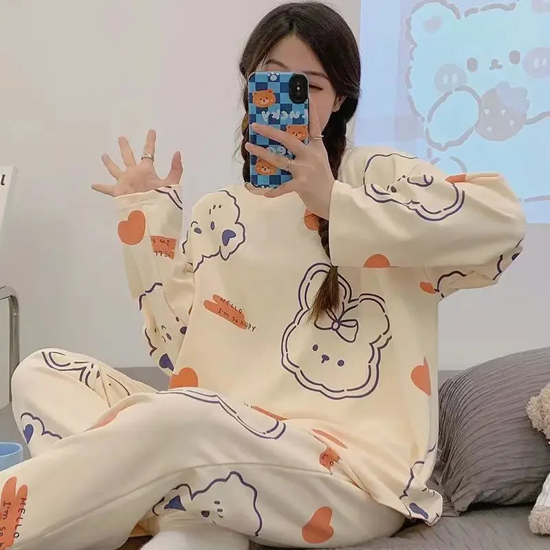 Spring and Autumn New Women's Pajamas Homewear Suit Girls Thin Section Long-Sleeved Students Big Yards Cartoon Loose Pajamas
