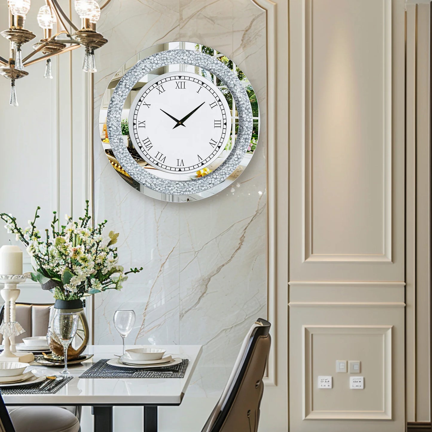 Round Mirror Wall Clock With Crystal Sparkle For Living Room