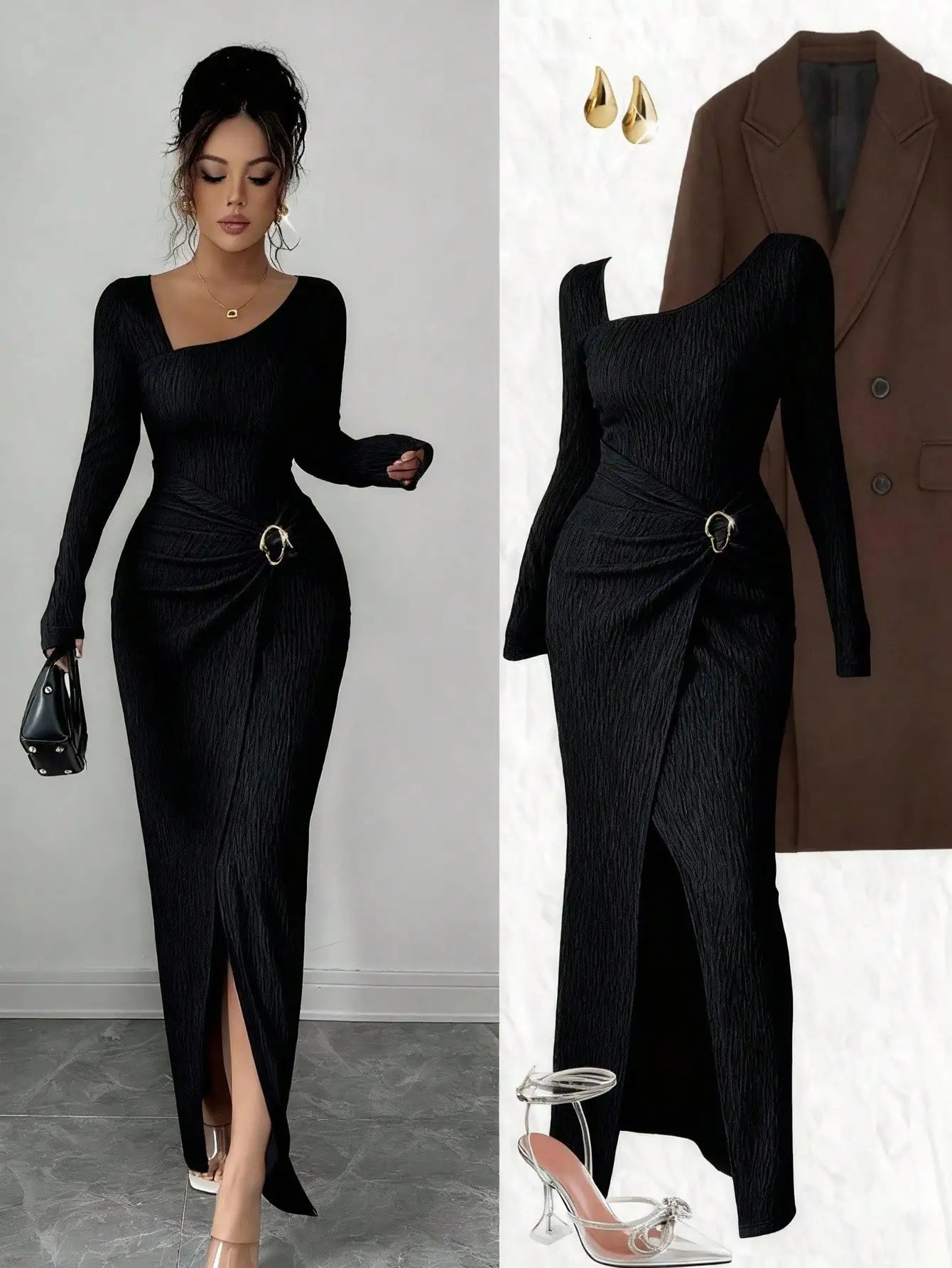 Asymmetrical Neck Knitted Bodycon Dress With Twist Waist Side Slit