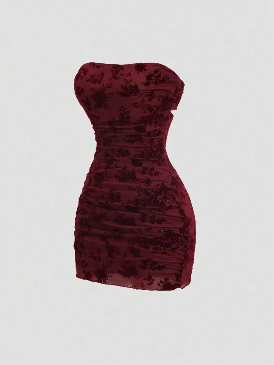 Velvet Floral Print Strapless Ruched Bodycon Mini Dress