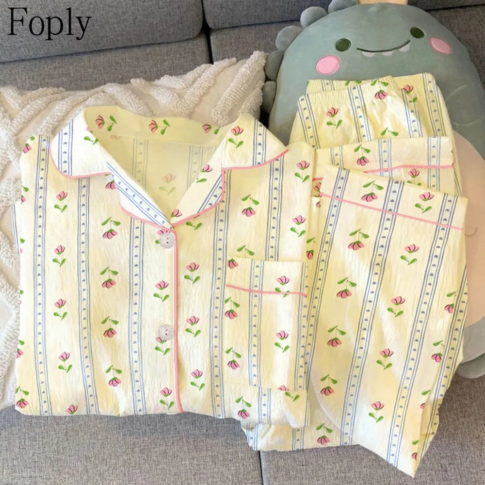 Flower Love Woman Pyjamas Spring Summer 2 Piece Pajama Clouds Cotton Sleepwear Long Sleeve Pants Pijama Mujer Pjs Loungewear