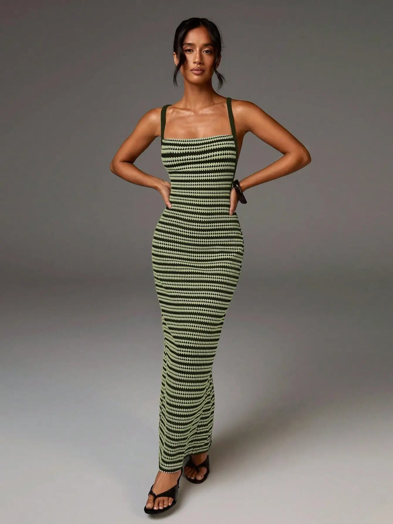 Elegant Geometric Knit Maxi Dress With Cross Back Straps