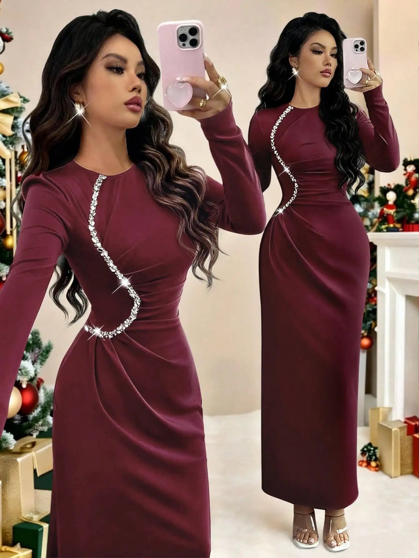 Elegant Crystal Embellished Long Sleeve Bodycon Evening Dress