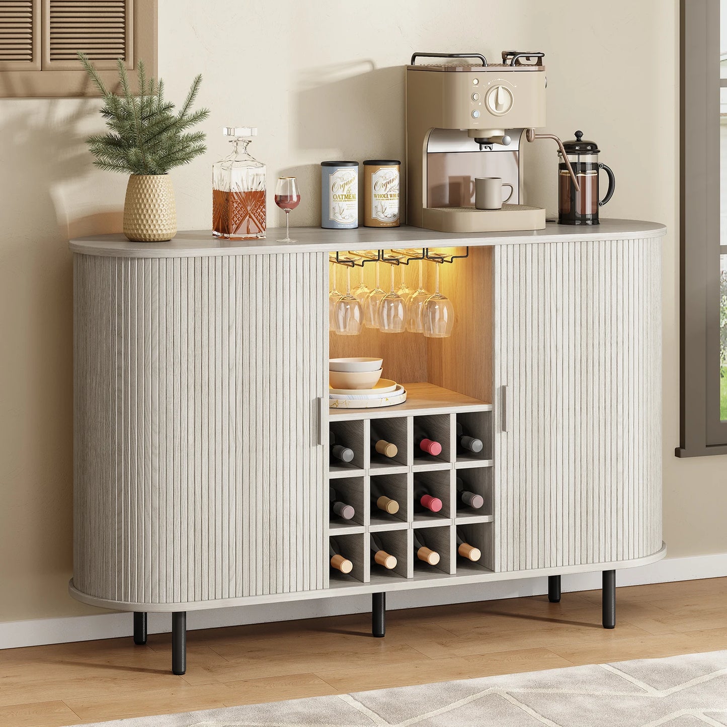 Wine Bar Cabinet w/ LED Light,Liquor Cabinet for Home,Coffee Bar Cabinet w/ Wine Rack & Glass Holder,Walnut Buffet Sideboard