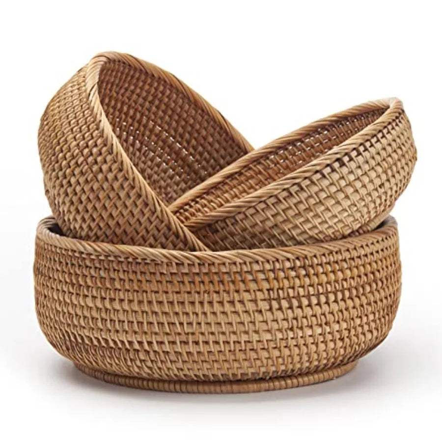 Natural Bamboo Rattan Storage Baskets Set Of 3 For Fruit