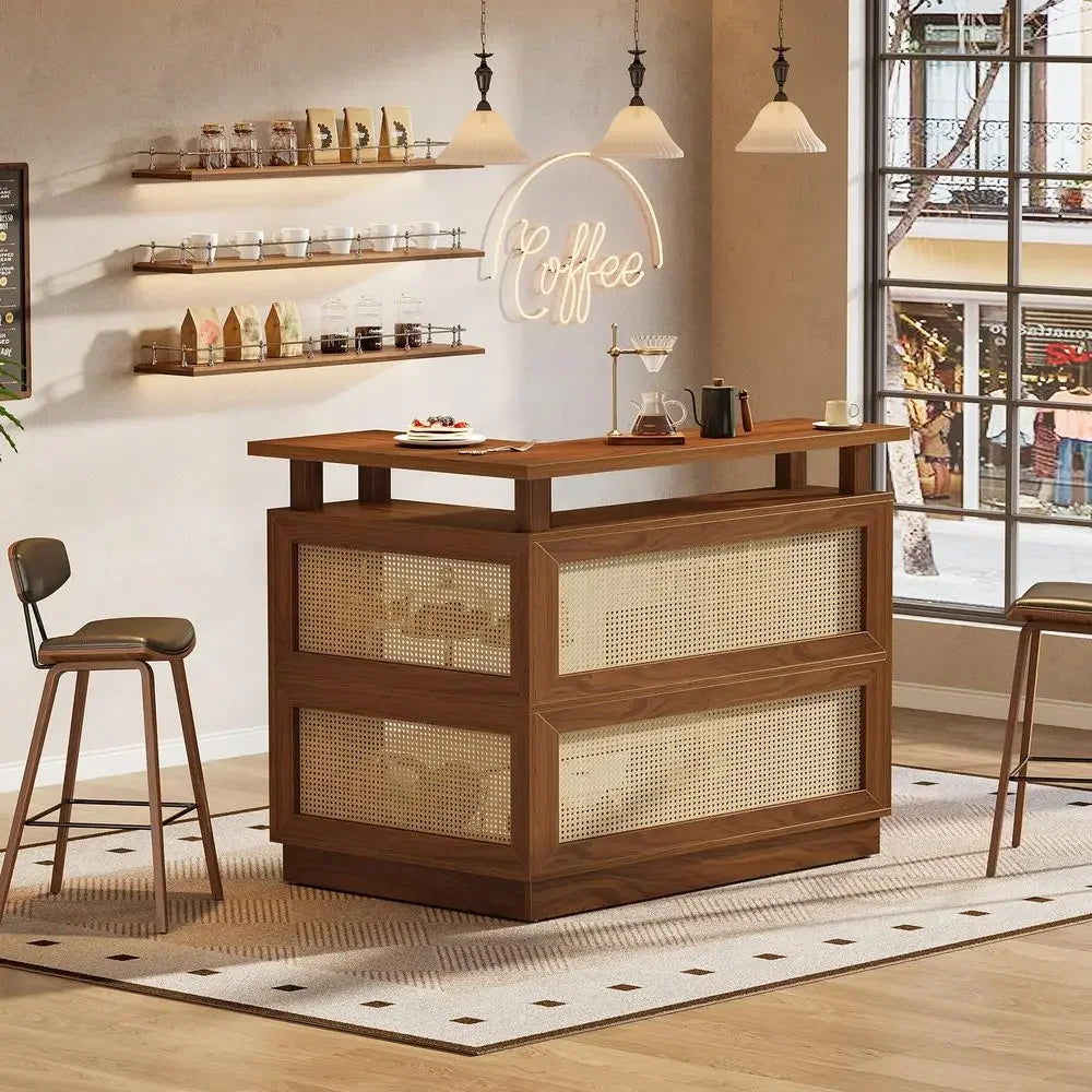 L Shaped Bar Table With Storage Shelf Rattan Home Unit