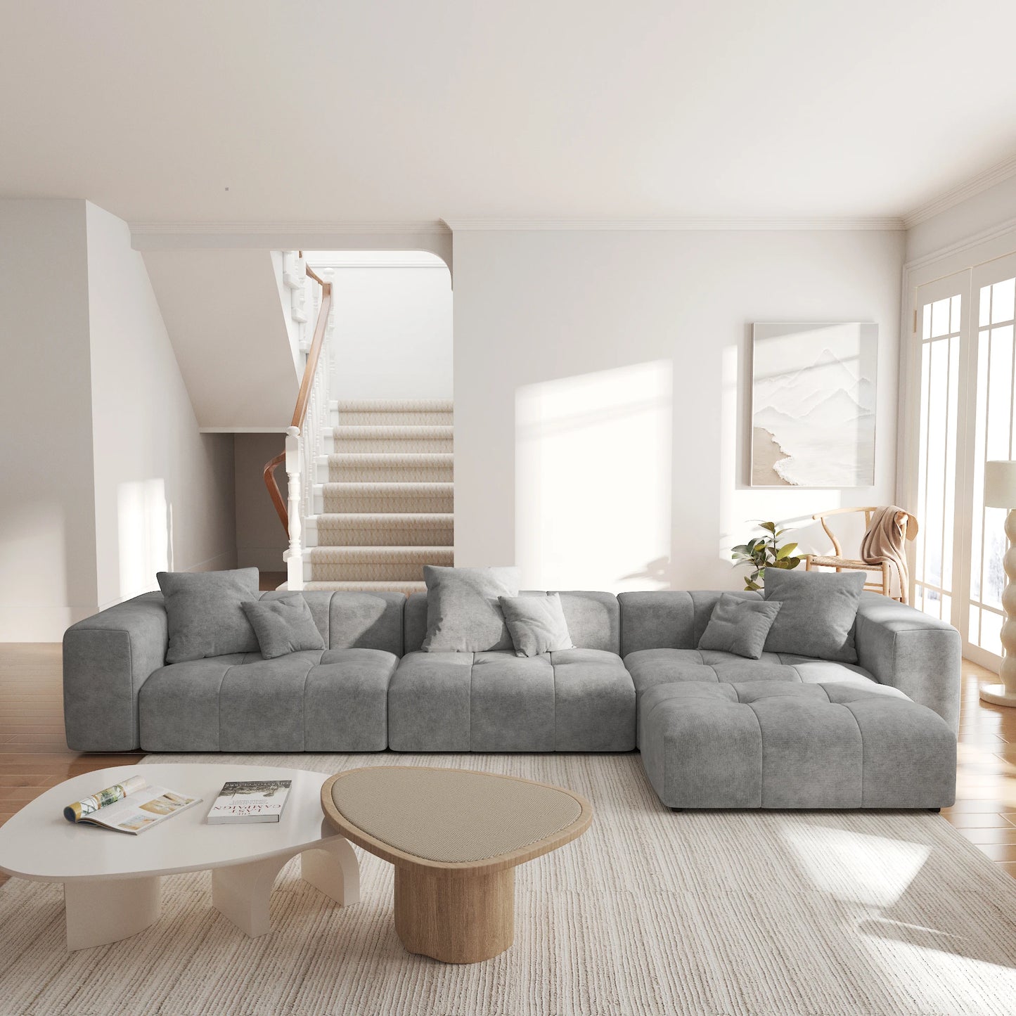 Sdorens 144" Sectional Sofa for Living Room L Shaped 3 Seater with Ottoman Linen Deep Seat with Pillow Couches for Living Room