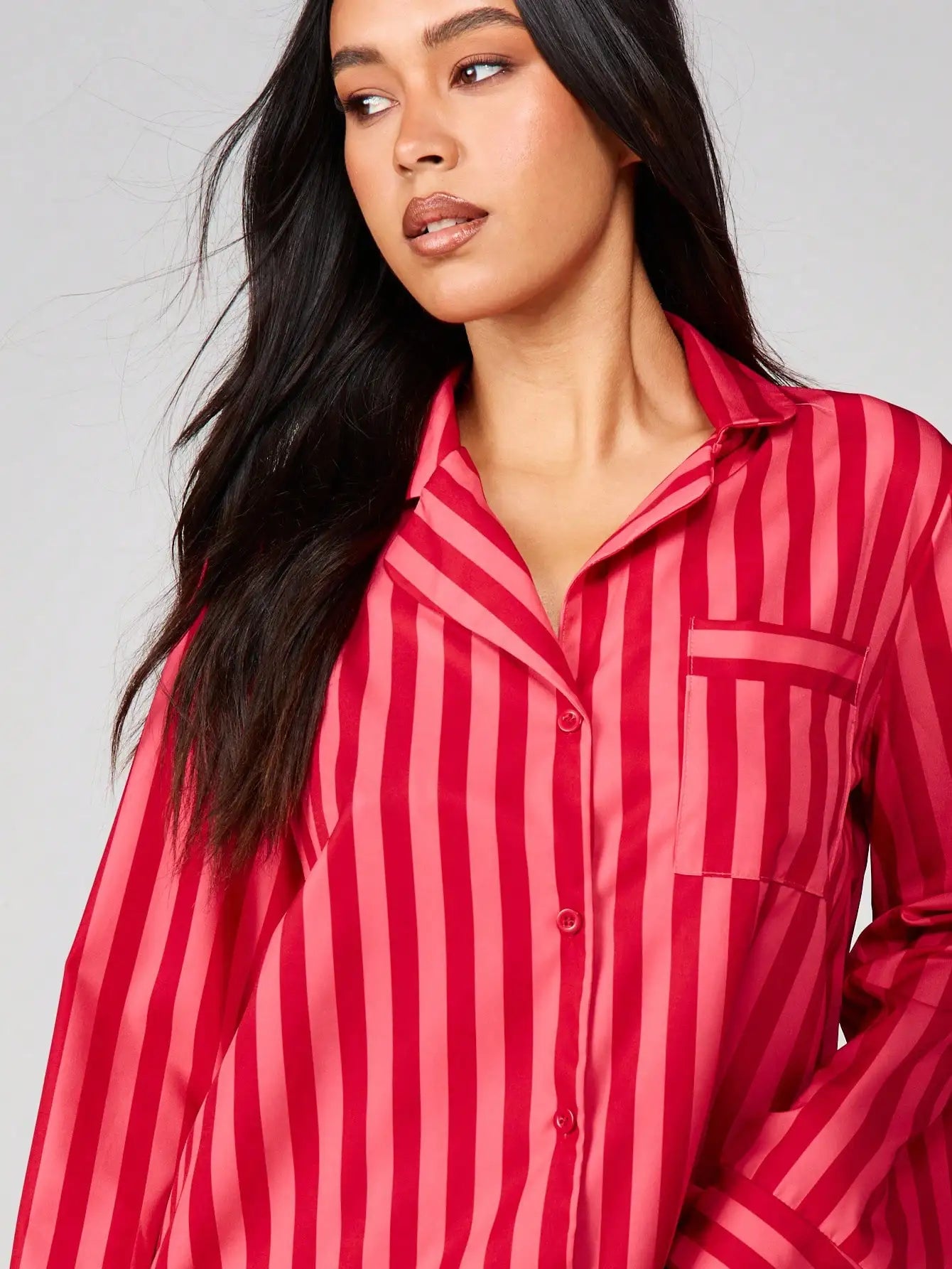 Red and Pink Striped Long Sleeve Button-Up Pajama Set for Women