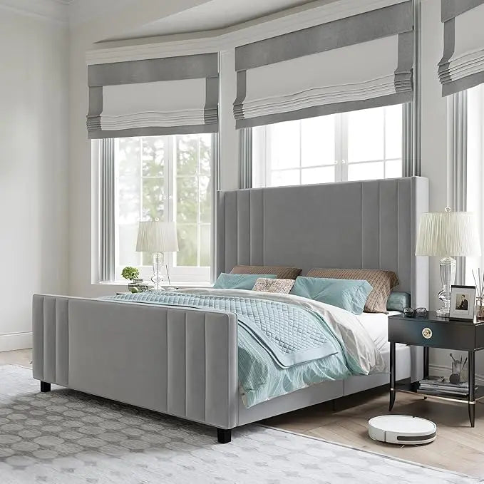 Velvet Upholstered Platform Bed With Vertical Channel Tufting And Wingback