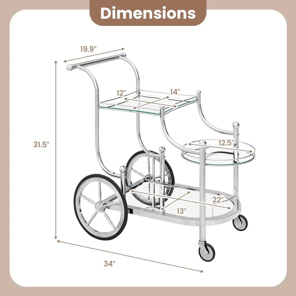 Glass Rolling Bar Cart With Mirrored Shelves And Wheels