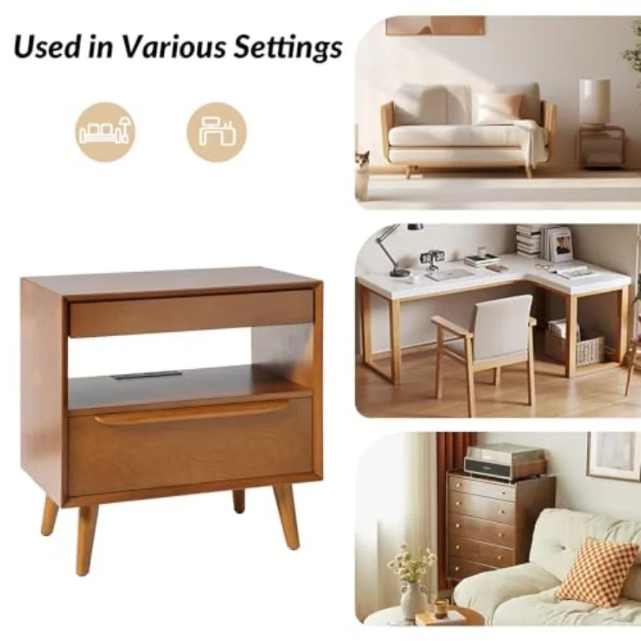 YTYIN End Table With Charging Station, Mid Century Modern Pull Out Shelf