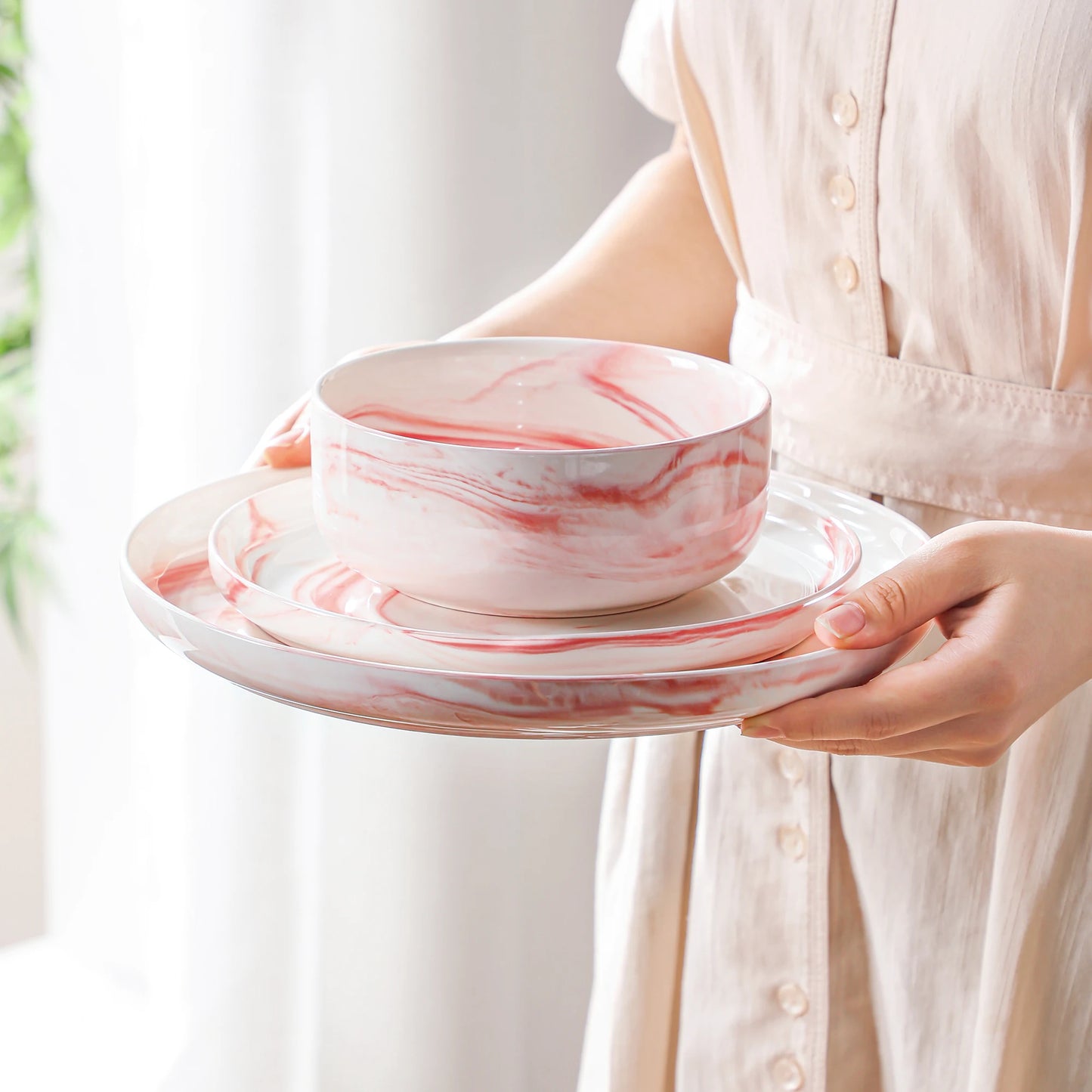 MALACASA Luna Marble Porcelain Dinnerware Set For 4