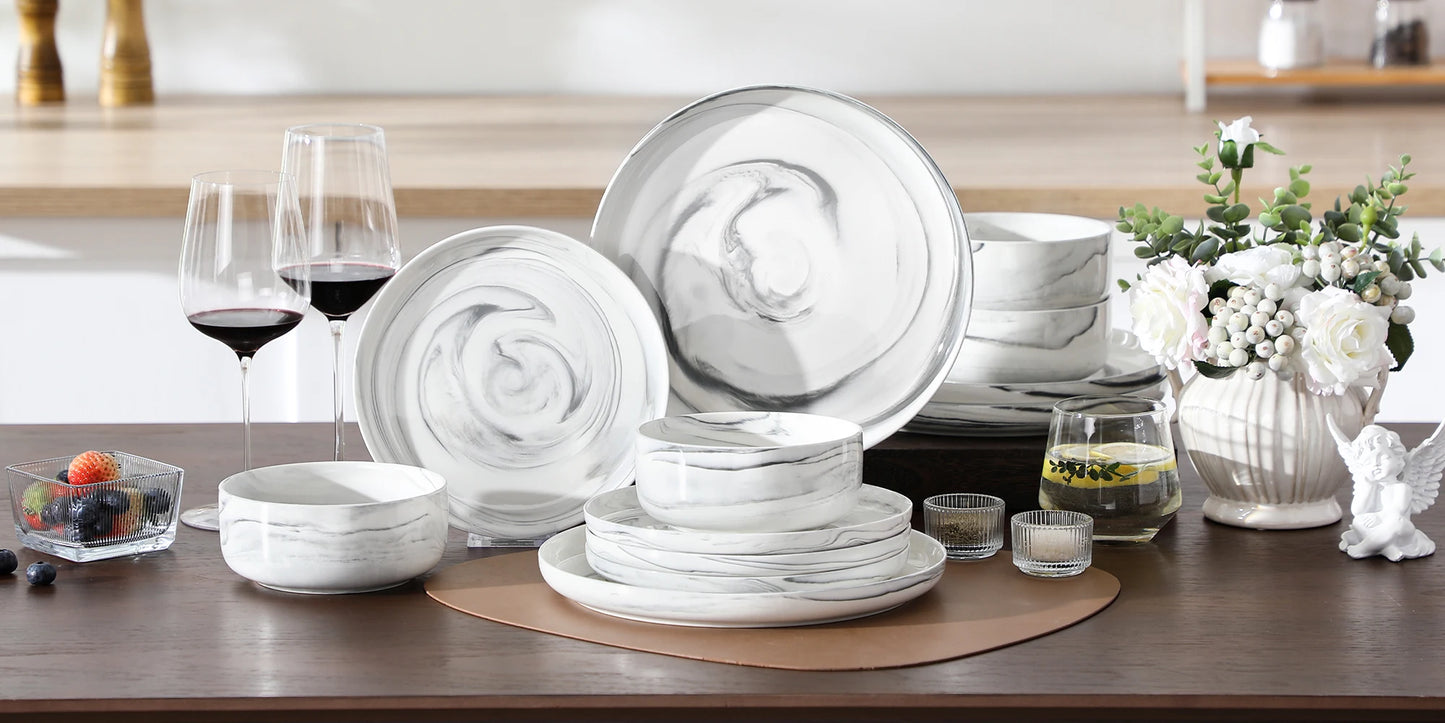 MALACASA Luna Marble Porcelain Dinnerware Set For 4