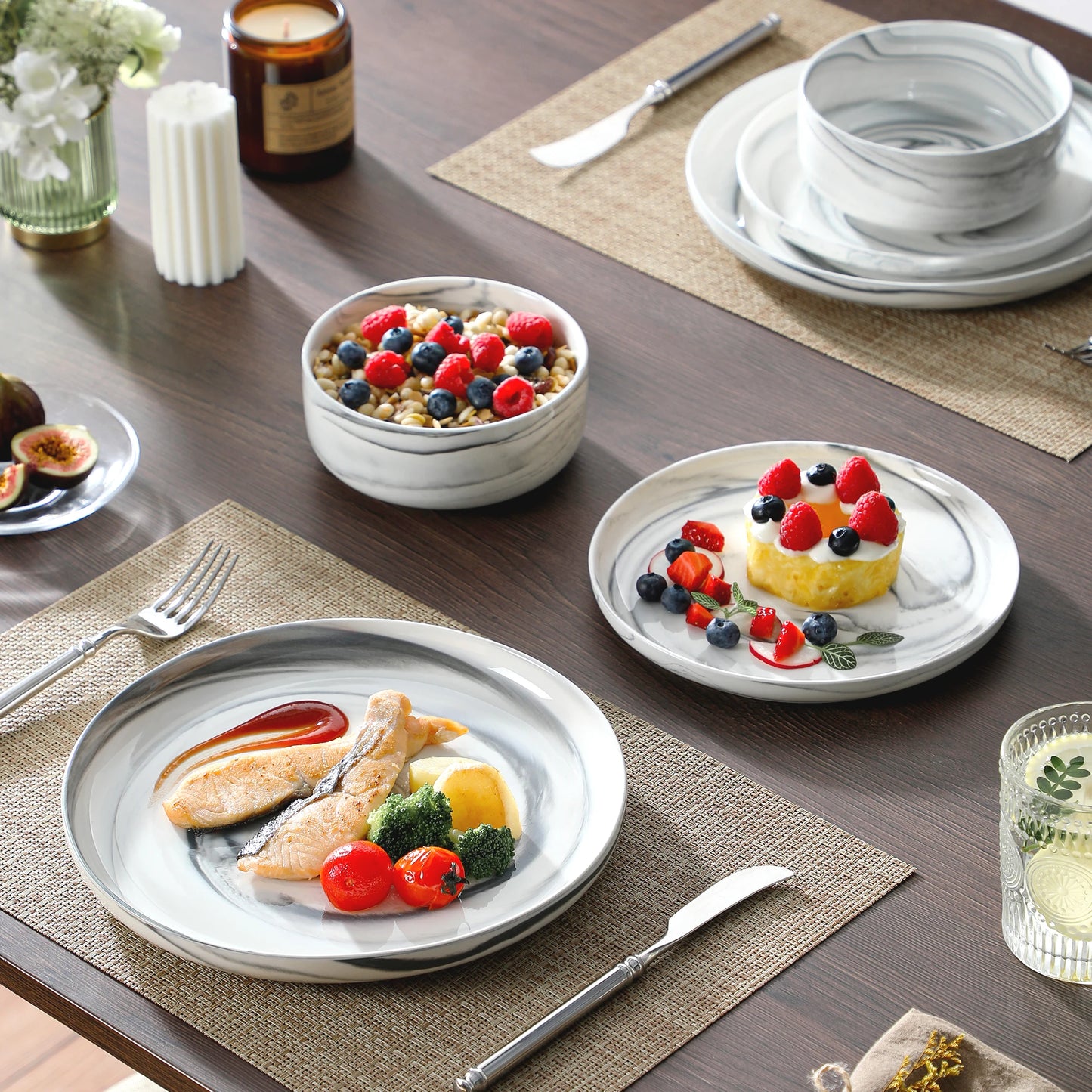 MALACASA Luna Marble Porcelain Dinnerware Set For 4