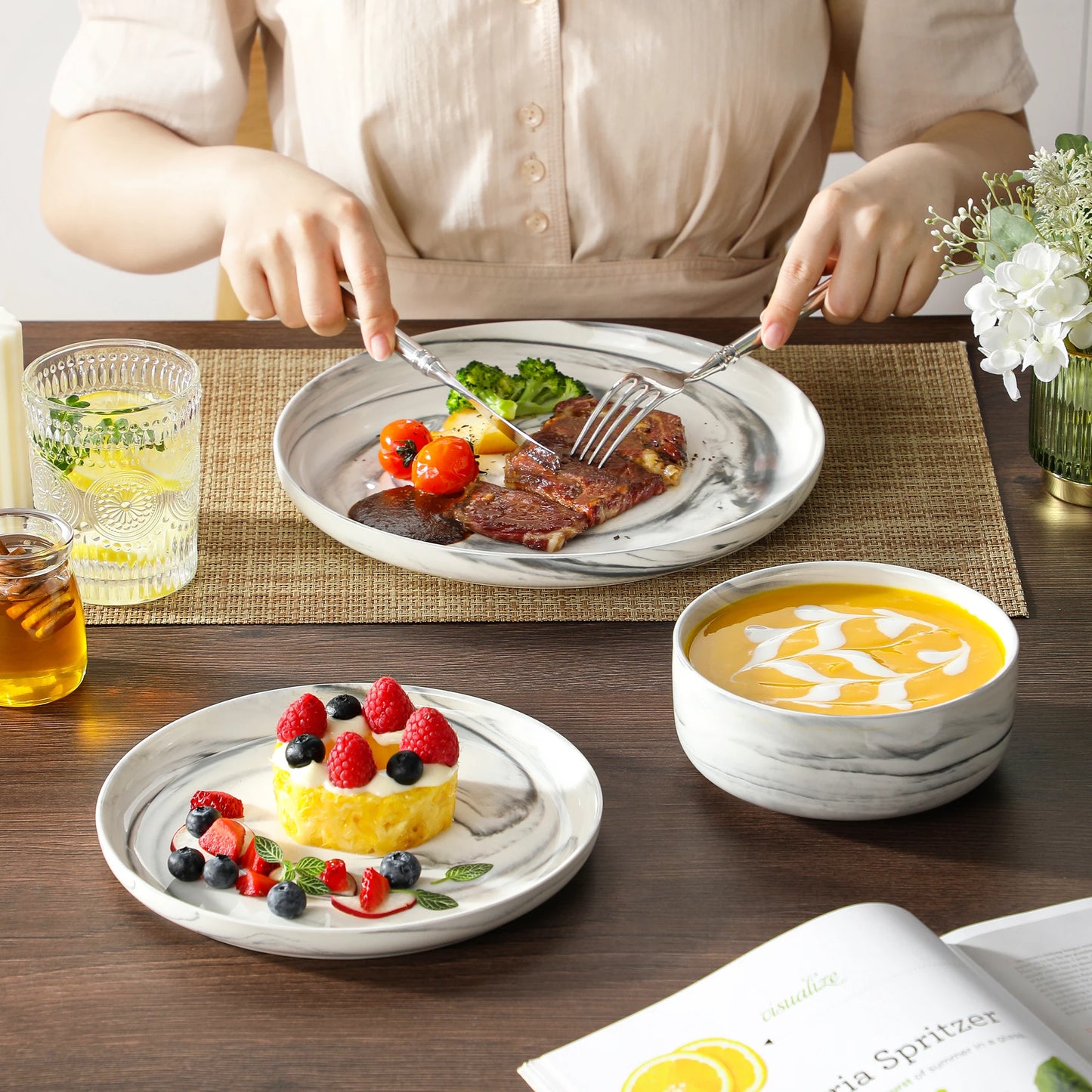MALACASA Luna Marble Porcelain Dinnerware Set For 4