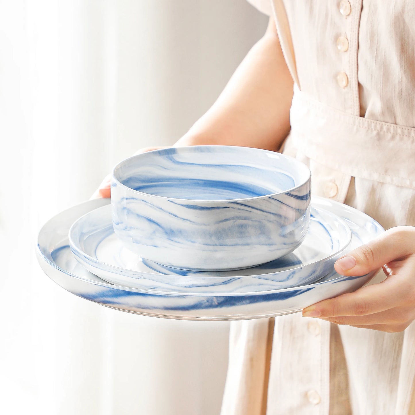 MALACASA Luna Marble Porcelain Dinnerware Set For 4