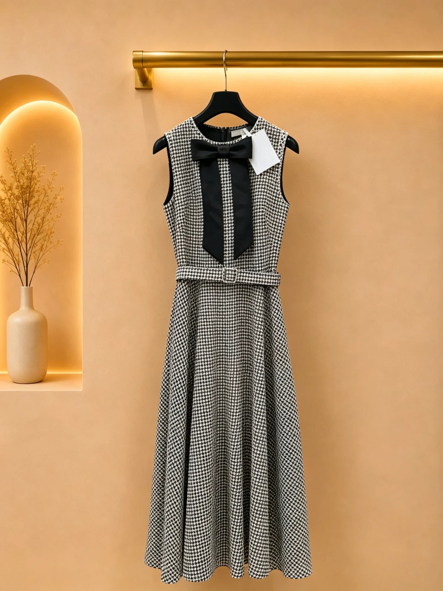 Women Delicate Cross Check Plaid Sleeveless Dress With Knot Waist