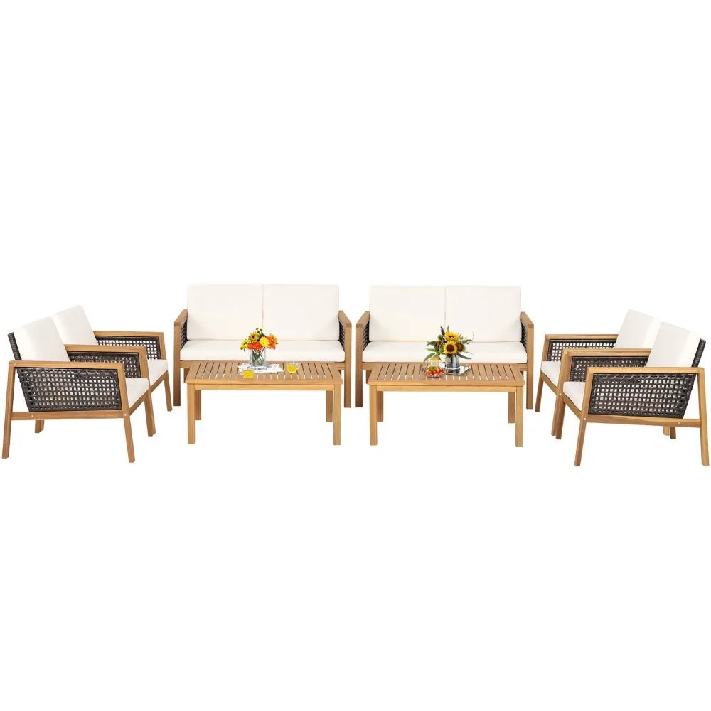 Acacia Wood Outdoor Furniture Set Eight Piece PE Rattan