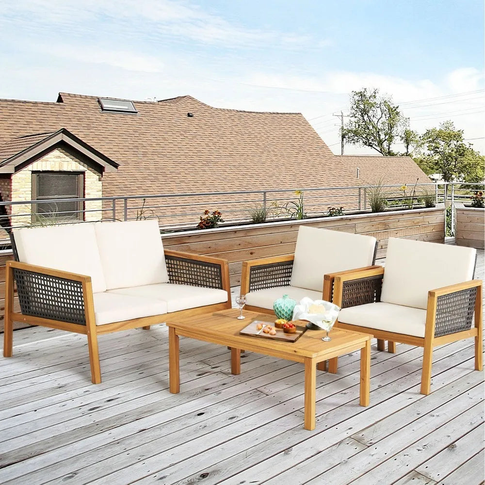 Acacia Wood Outdoor Furniture Set Eight Piece PE Rattan