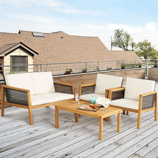 Acacia Wood Outdoor Furniture Set Eight Piece PE Rattan