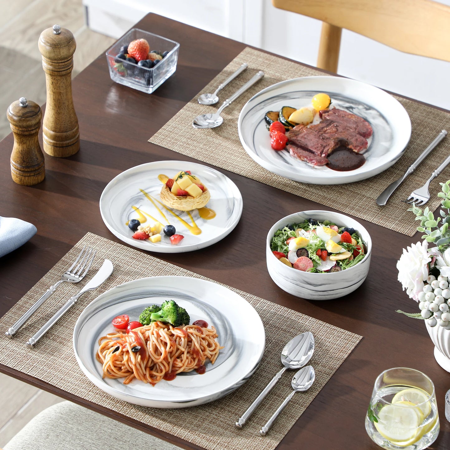 MALACASA Luna Marble Porcelain Dinnerware Set Service For Four