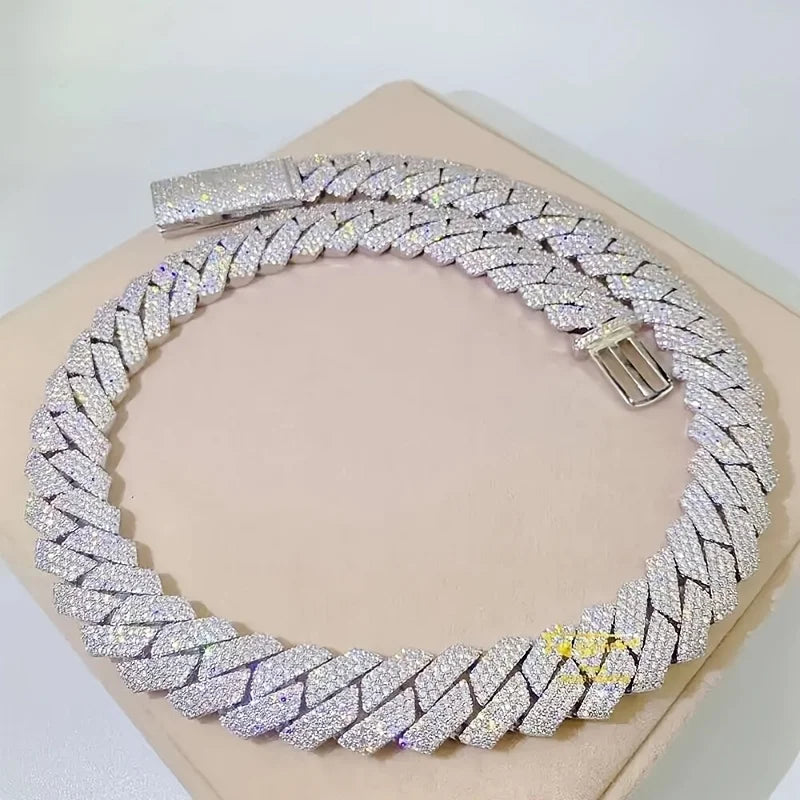 Men's Cuban Chain Necklace With Moissanite Ice Inlay Silver