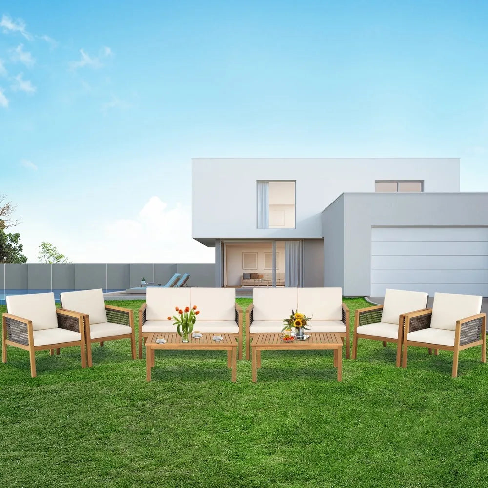 Acacia Wood Outdoor Furniture Set Eight Piece PE Rattan