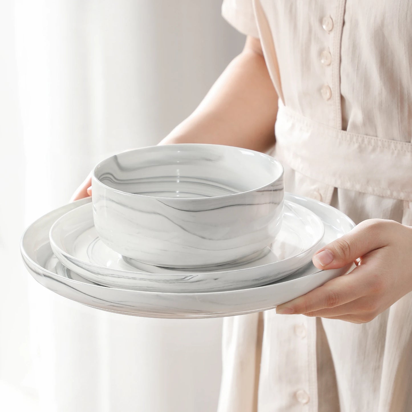 MALACASA Luna Marble Porcelain Dinnerware Set For 4