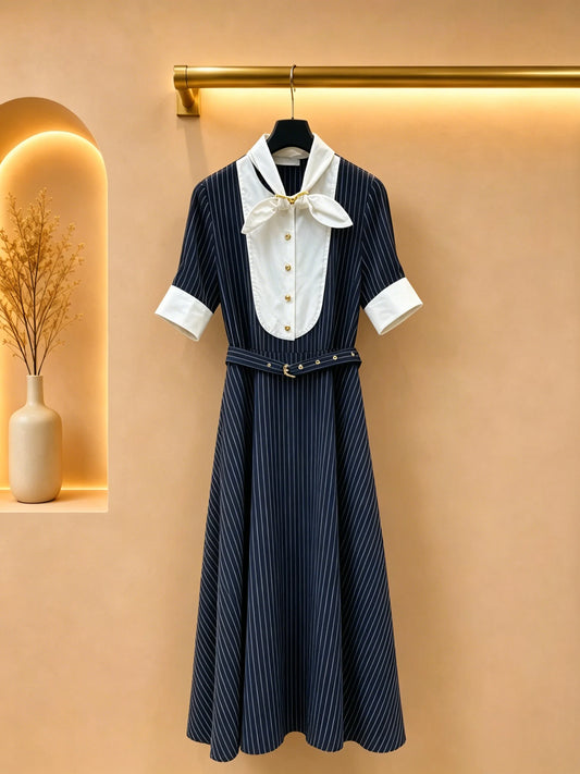 Airy Striped Midi Dress With Bow Neck And Structured Collar